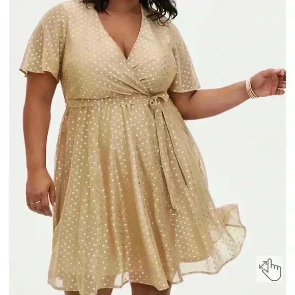 Torrid GOLD METALLIC POLKA DOT MESH WRAP DRESS Sz 0 - Picture 1 of 7